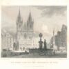 9. Týnský chrám na Staroměstském náměstí, Krocínova kašna, mariánský sloup, Praha, 1841, oceloryt